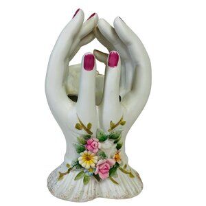 Lefton Vanity Hand Bud Vase VTG Applied Flowers 5" Hidden Heart Jewelry Holder